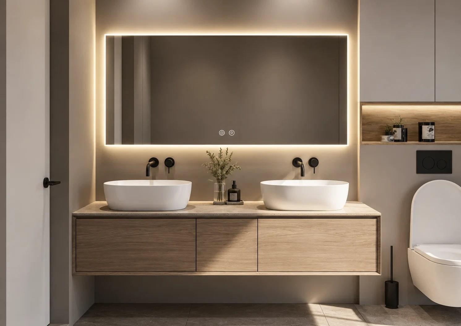 Baño con un espejo rectangular retroiluminado sobre un mueble de dos lavabos